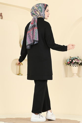 moda selvim Yakası Bağcıklı Modal Takım 2786AYD574 Siyah - Thumbnail