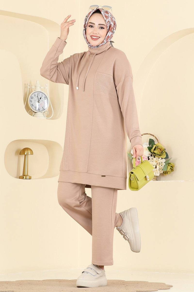 Yakası Bağcıklı Modal Takım 2786AYD574 Taş - Moda Selvim