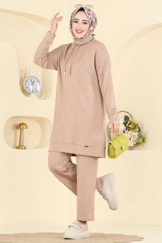 Yakası Bağcıklı Modal Takım 2786AYD574 Taş - Moda Selvim