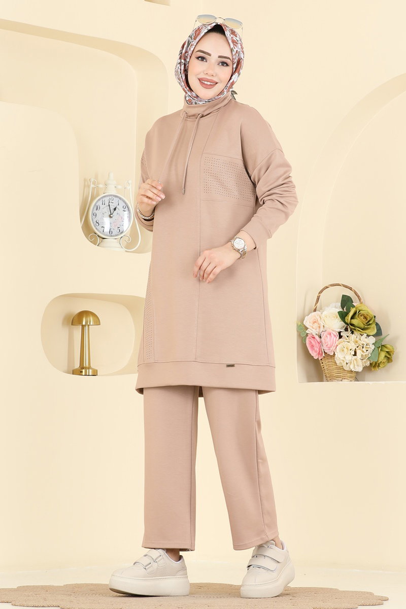 Yakası Bağcıklı Modal Takım 2786AYD574 Taş