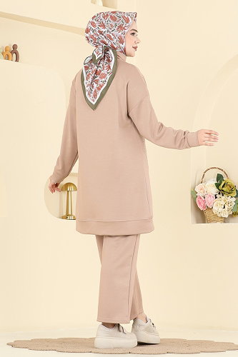 moda selvim Yakası Bağcıklı Modal Takım 2786AYD574 Taş - Thumbnail