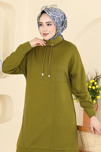 moda selvim Yakası Bağcıklı Modal Takım 2786AYD574 Yağ Yeşili - Thumbnail