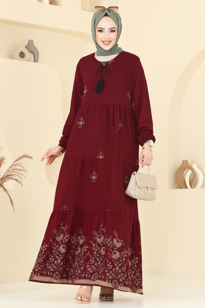 Yakası Bağcıklı Rahat Elbise 4095ZNNK1102 Bordo