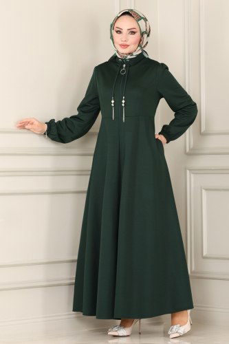 moda selvim Yakası Bağcıklı Tesettür Ferace 2448SL432 Zümrüt - Thumbnail