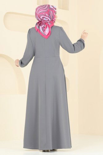 moda selvim Yakası Bağcıklı Tesettür Ferace 2483SL432 Antrasit - Thumbnail