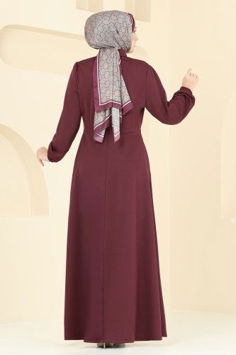 moda selvim Yakası Bağcıklı Tesettür Ferace 2483SL432 Bordo - Thumbnail