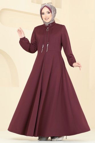 moda selvim Yakası Bağcıklı Tesettür Ferace 2483SL432 Bordo - Thumbnail