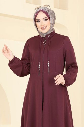 moda selvim Yakası Bağcıklı Tesettür Ferace 2483SL432 Bordo - Thumbnail