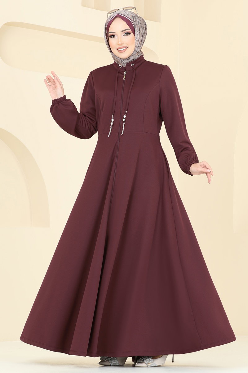 Yakası Bağcıklı Tesettür Ferace 2483SL432 Bordo - Moda Selvim
