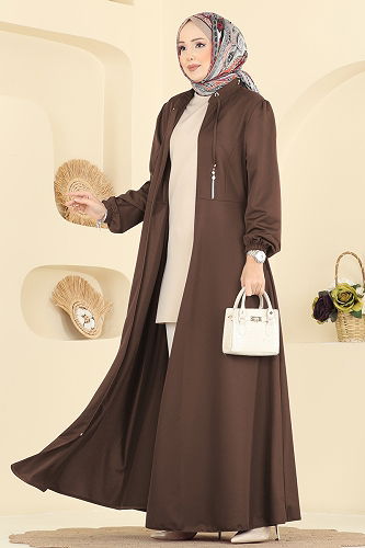 moda selvim Yakası Bağcıklı Tesettür Ferace 2483SL432 Kahve - Thumbnail