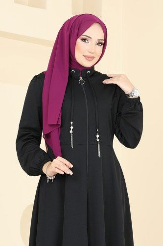moda selvim Yakası Bağcıklı Tesettür Ferace 2483SL432 Siyah - Thumbnail