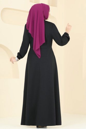 moda selvim Yakası Bağcıklı Tesettür Ferace 2483SL432 Siyah - Thumbnail