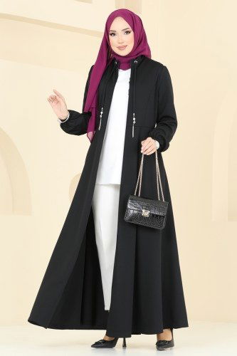 moda selvim Yakası Bağcıklı Tesettür Ferace 2483SL432 Siyah - Thumbnail