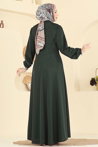 moda selvim Yakası Bağcıklı Tesettür Ferace 2483SL432 Zümrüt - Thumbnail