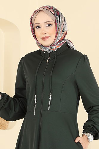 moda selvim Yakası Bağcıklı Tesettür Ferace 2483SL432 Zümrüt - Thumbnail