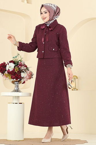 moda selvim Yakası Bağcıklı Tüvit Takım 2759SL432 Bordo - Thumbnail