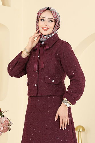 moda selvim Yakası Bağcıklı Tüvit Takım 2759SL432 Bordo - Thumbnail