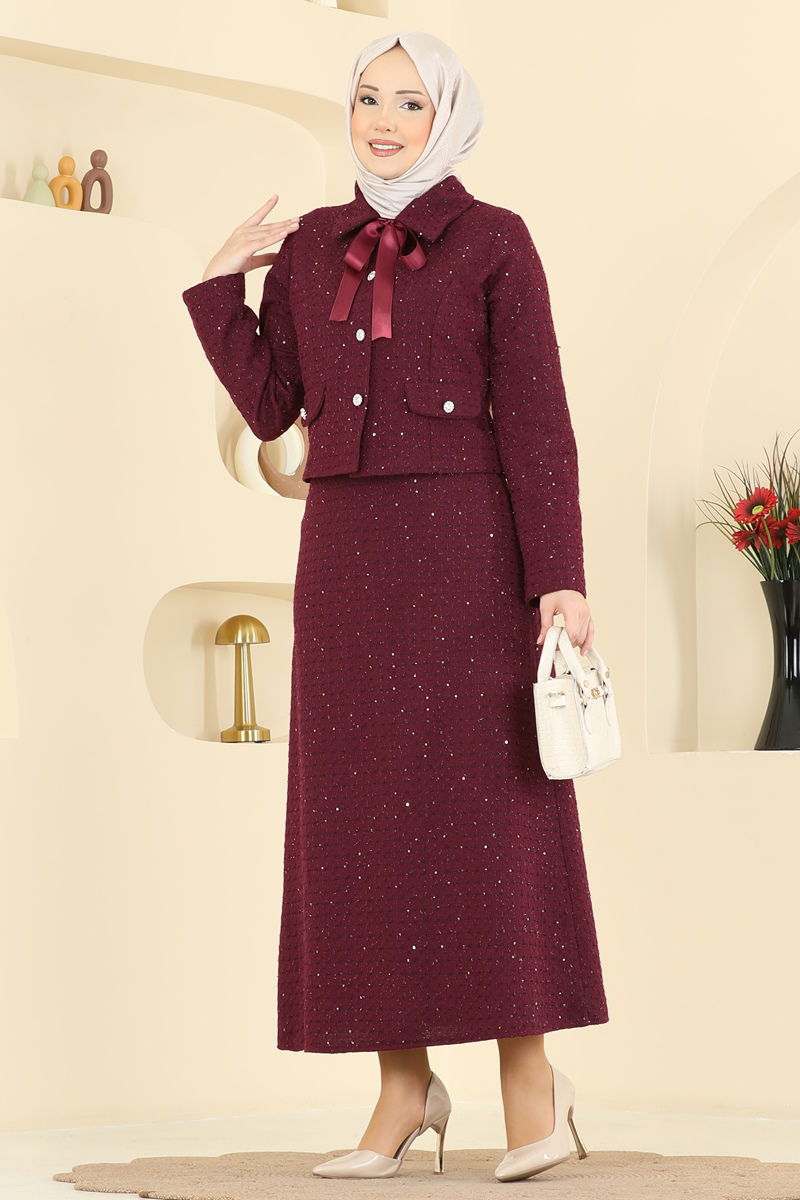 Yakası Bağcıklı Tüvit Takım 2759SL432 Bordo