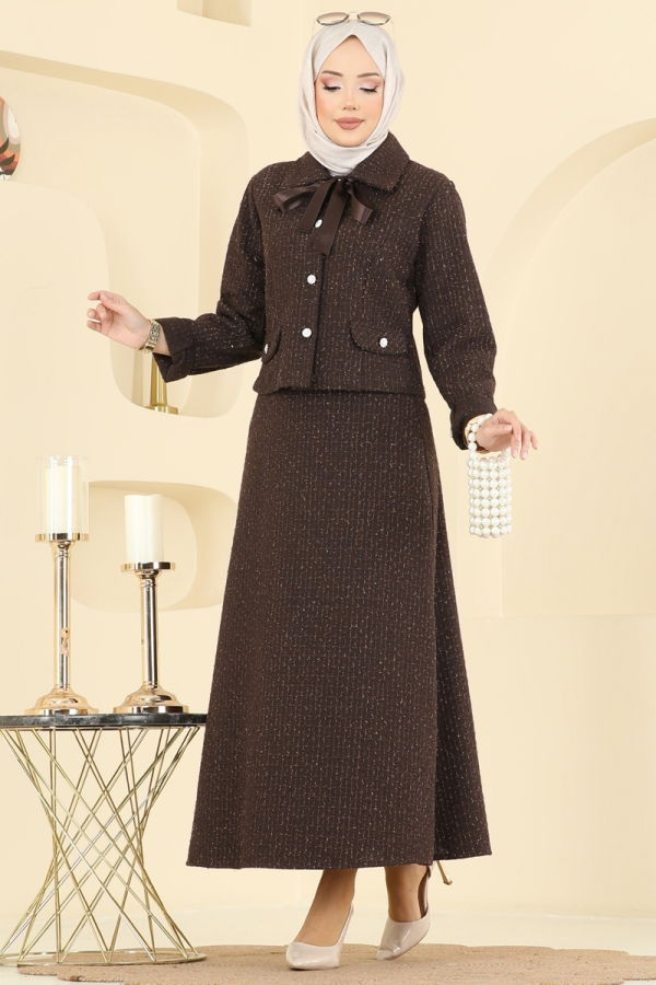 Modaselvim Kombin Yakası Bağcıklı Tüvit Takım 2759SL432 Kahve