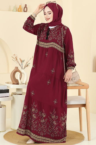 moda selvim Yakası Bağcıklı Viskon Elbise 5013ERK1158 Bordo - Thumbnail