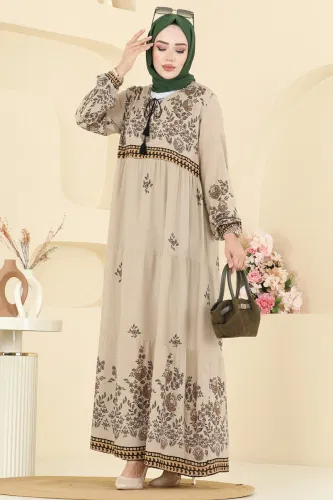 E.R.K. - Yakası Bağcıklı Viskon Elbise 5013ERK1158 Taş