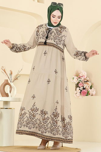 moda selvim Yakası Bağcıklı Viskon Elbise 5013ERK1158 Taş - Thumbnail