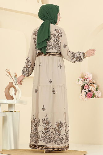 moda selvim Yakası Bağcıklı Viskon Elbise 5013ERK1158 Taş - Thumbnail