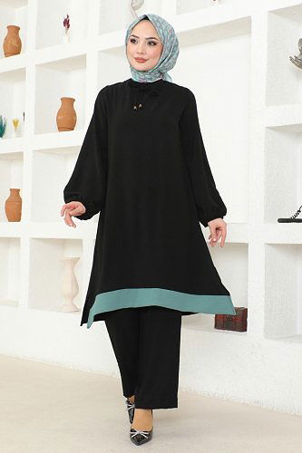 moda selvim Yakası Bağlamalı Aerobin Takım 2252BLU797 Siyah&Mint - Thumbnail