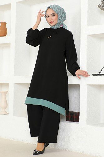 moda selvim Yakası Bağlamalı Aerobin Takım 2252BLU797 Siyah&Mint - Thumbnail