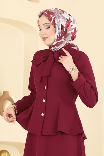 moda selvim Yakası Bağlamalı Dabıl Takım 2799SL432 Bordo - Thumbnail