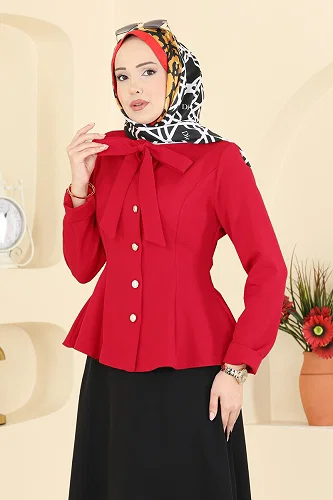moda selvim Yakası Bağlamalı Dabıl Takım 2799SL432 Kırmızı&Siyah - Thumbnail