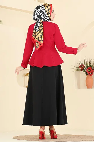 moda selvim Yakası Bağlamalı Dabıl Takım 2799SL432 Kırmızı&Siyah - Thumbnail