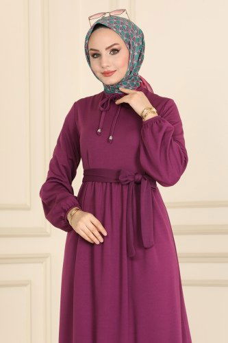 moda selvim Yakası Bağlamalı Tesettür Elbise 7009MRT754 Mürdüm - Thumbnail