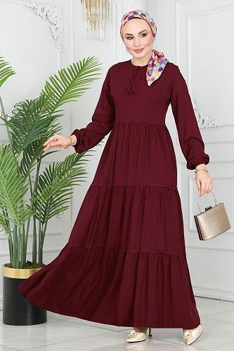 moda selvim Yakası Bağlamalı Viskon Elbise 1068BG354 Bordo - Thumbnail
