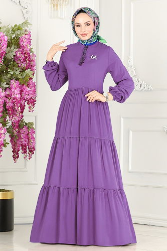 moda selvim Yakası Bağlamalı Viskon Elbise 1068BG354 Lila - Thumbnail