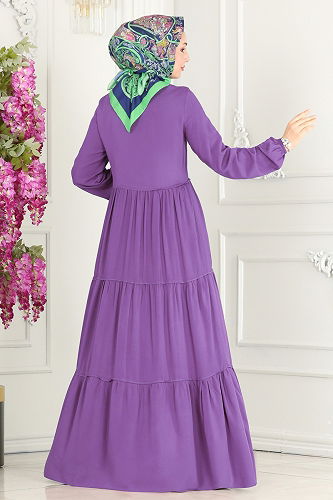 moda selvim Yakası Bağlamalı Viskon Elbise 1068BG354 Lila - Thumbnail