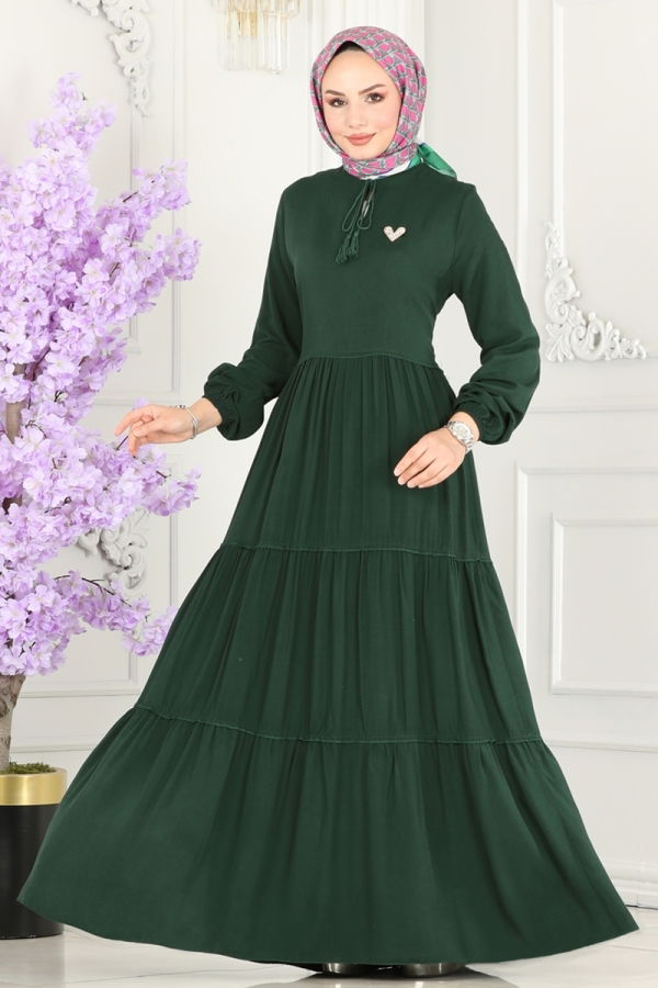 Modaselvim Elbise Yakası Bağlamalı Viskon Elbise 1068BG354 Zümrüt