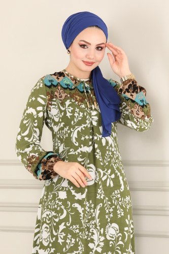 moda selvim Yakası Bağlamalı Viskon Elbise 1103BG354 Haki - Thumbnail