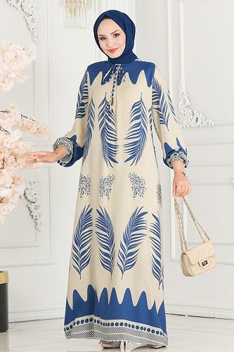 moda selvim Yakası Bağlamalı Viskon Elbise 1136BG354 İndigo - Thumbnail