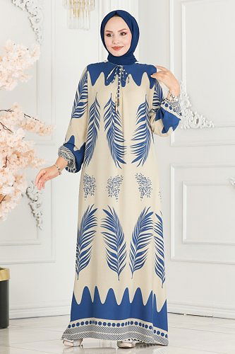 moda selvim Yakası Bağlamalı Viskon Elbise 1136BG354 İndigo - Thumbnail