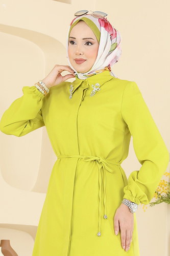 moda selvim Yakası Broş Detaylı Tunik 2890SLK540 Asit - Thumbnail