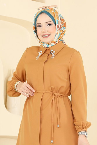 moda selvim Yakası Broş Detaylı Tunik 2890SLK540 Hardal - Thumbnail