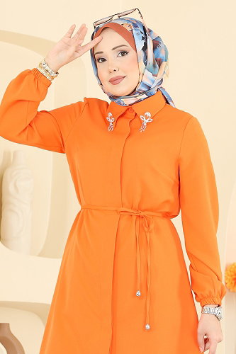 moda selvim Yakası Broş Detaylı Tunik 2890SLK540 Oranj - Thumbnail