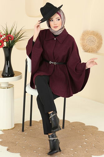 moda selvim Yakası Düğmeli Kaşe Panço 6070TEG847 Bordo - Thumbnail