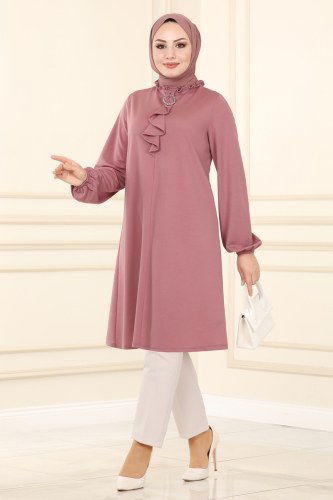 moda selvim Yakası Fular Detaylı Mira Tunik 1599MH427 Gül Kurusu - Thumbnail