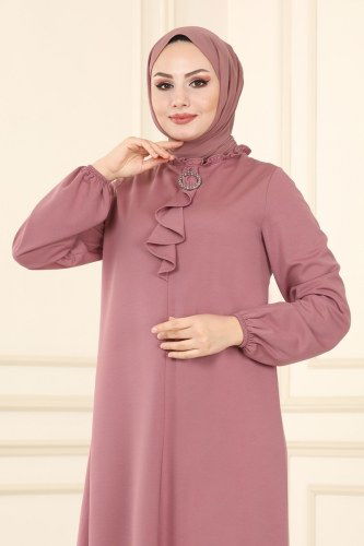 moda selvim Yakası Fular Detaylı Mira Tunik 1599MH427 Gül Kurusu - Thumbnail