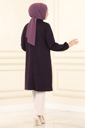moda selvim Yakası Fular Detaylı Mira Tunik 1599MH427 Mor - Thumbnail