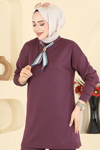 moda selvim Yakası Fular Detaylı Takım 2783AYD574 Bordo - Thumbnail