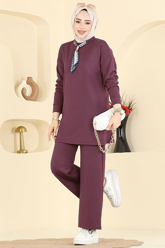 moda selvim Yakası Fular Detaylı Takım 2783AYD574 Bordo - Thumbnail