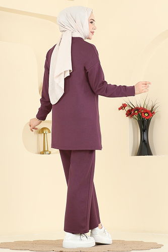 moda selvim Yakası Fular Detaylı Takım 2783AYD574 Bordo - Thumbnail